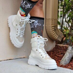 COPY Women's White Chunky Block High Heel Ankle Combat‎ Booties